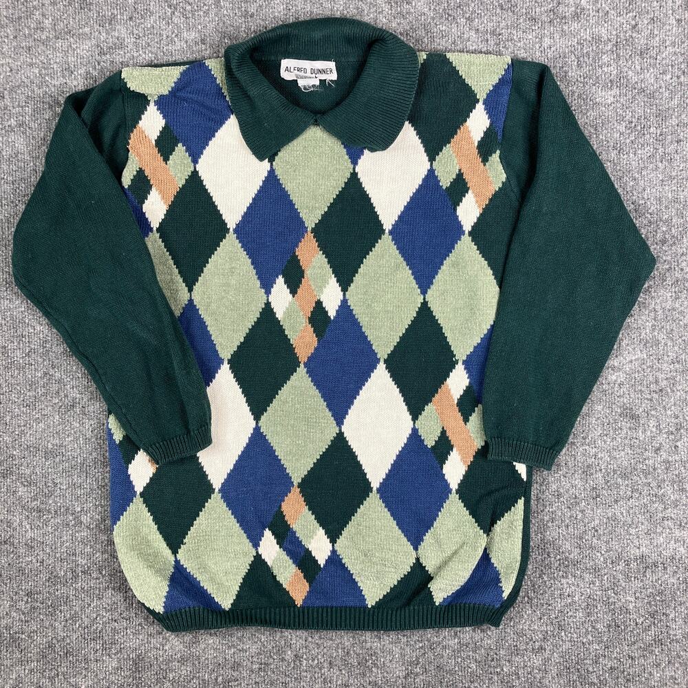 Alfred Dunner Sweater Womens Medium Green Blue Argyle Knit Collared Preppy Warm
